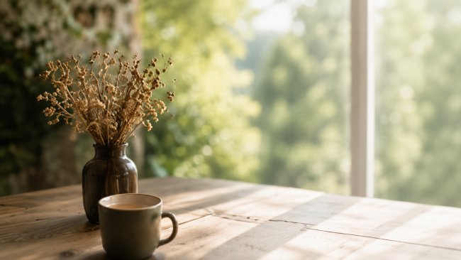 Bouquet de fleurs séchées et tasse posés sur une table devant une fenêtre ouverte sur le parc