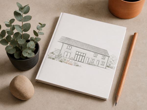 Croquis au crayon de la façade de l'ancienne grange de Bonnevent-Velloreille