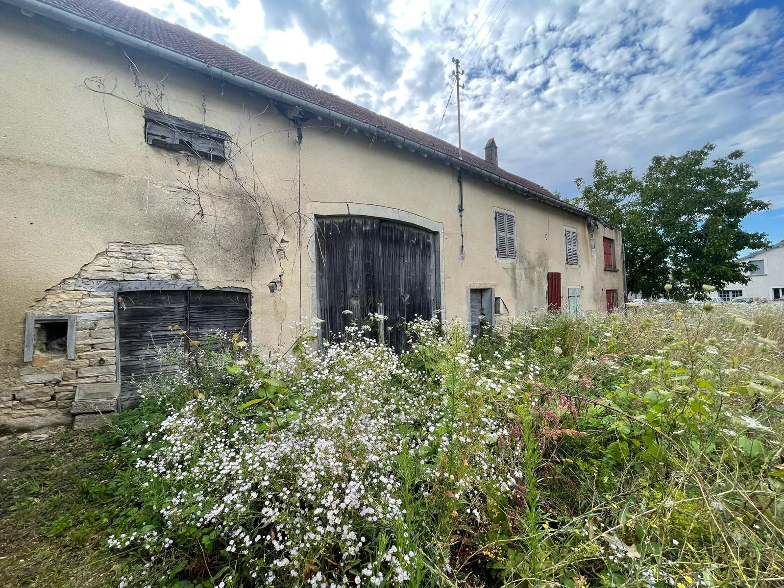 Façade de la grange de Bonnevent-Velloreille avant les travaux : enduit fissuré, grande porte charretière en bois et végétation en friche.