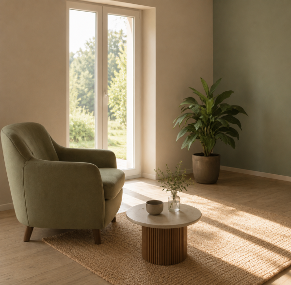 Salle d'attente lumineuse, fauteuil et plante devant une baie vitrée